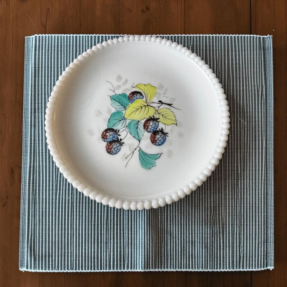Vintage 1950s Westmoreland Milk Glass Plate Beaded Edge Hand Painted Blackberry